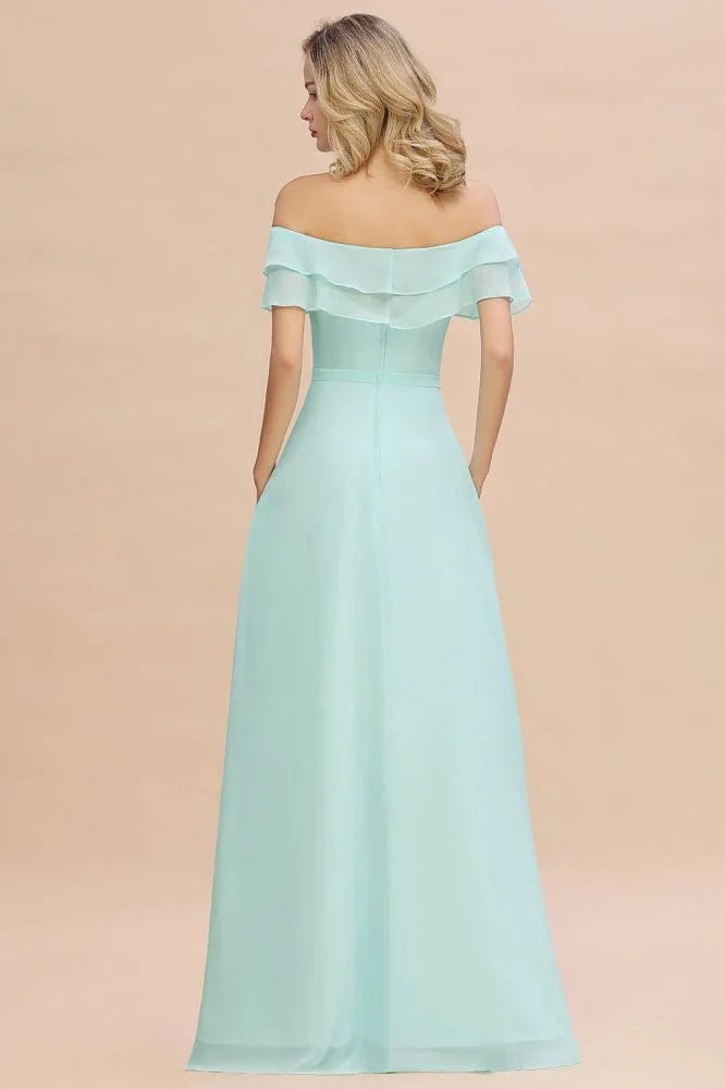 Off the Shoulder Mini-Green Front Slit Bridesmaid Dress Aline Beach Wedding Dress
