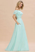 Off the Shoulder Mini-Green Front Slit Bridesmaid Dress Aline Beach Wedding Dress