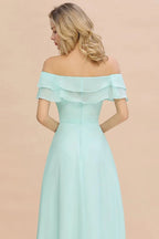 Off the Shoulder Mini-Green Front Slit Bridesmaid Dress Aline Beach Wedding Dress