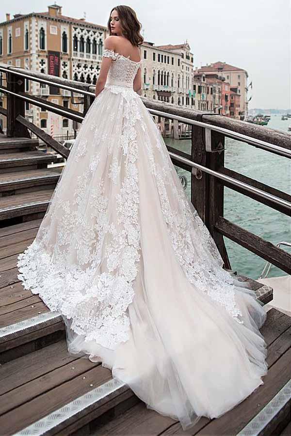 Off-the-shoulder Neckline A-line Wedding Dress With Lace Appliques