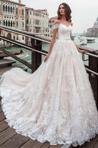 Off-the-shoulder Neckline A-line Wedding Dress With Lace Appliques