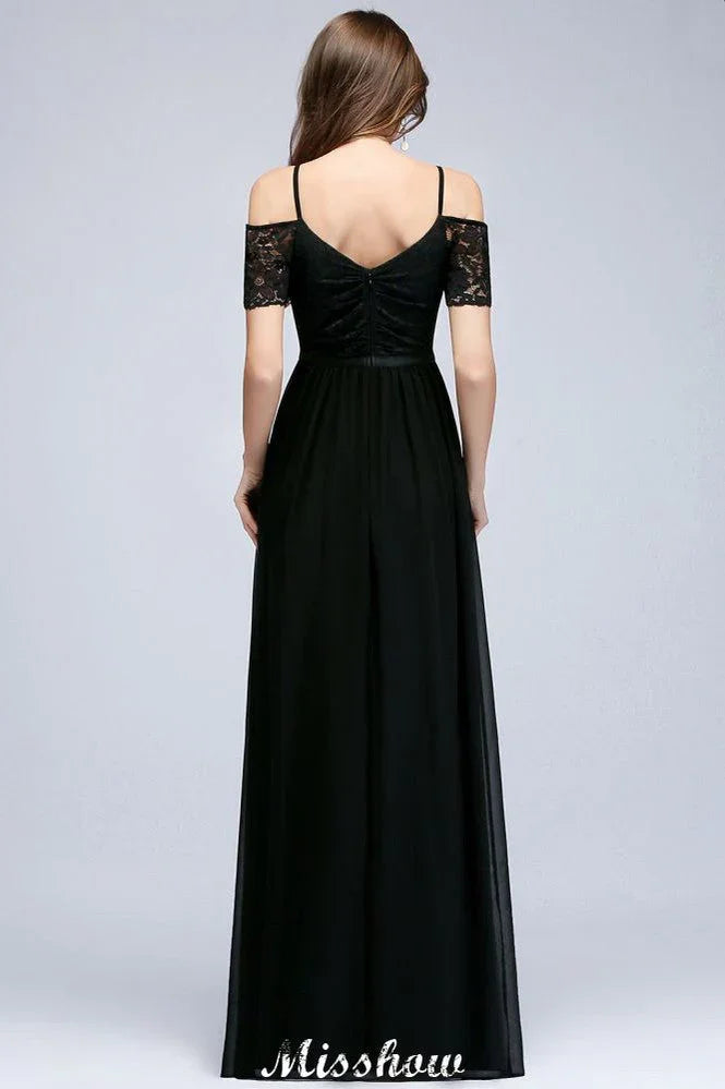 Off-the-shoulder Sleeveless Floor-Length A-line Bridesmaid Dresses Chiffon Lace V-Neck Prom Dress