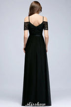Off-the-shoulder Sleeveless Floor-Length A-line Bridesmaid Dresses Chiffon Lace V-Neck Prom Dress
