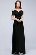 Off-the-shoulder Sleeveless Floor-Length A-line Bridesmaid Dresses Chiffon Lace V-Neck Prom Dress