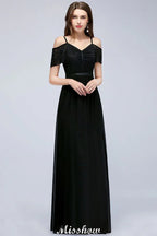 Off-the-shoulder Sleeveless Floor-Length A-line Bridesmaid Dresses Chiffon Lace V-Neck Prom Dress