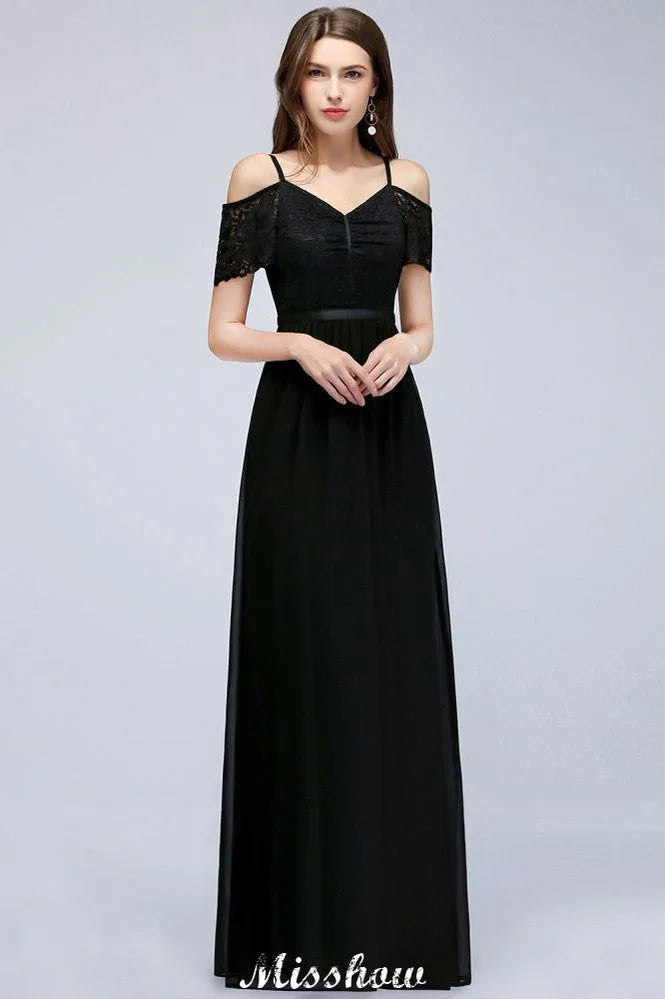 Off-the-shoulder Sleeveless Floor-Length A-line Bridesmaid Dresses Chiffon Lace V-Neck Prom Dress