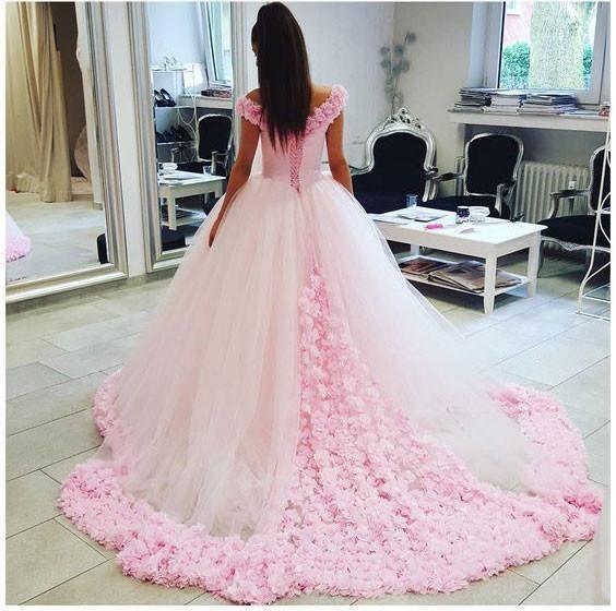 Off the Shoulder Vintage Pink Ball Gown Wedding Dresses