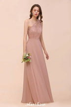 One Shoulder Chiffon Bridesmaid Dress Dusty Pink Wedding Guest Dress for Bride
