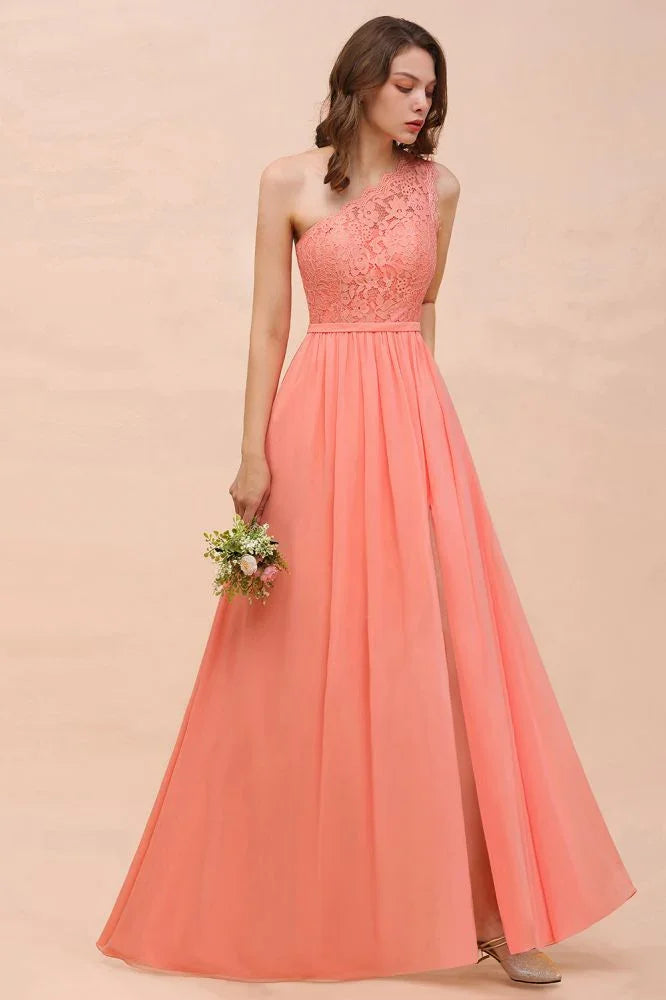 One Shoulder Floral Bridesmaid Dress Side Split Formal Wedding Guest Dress with Pocket