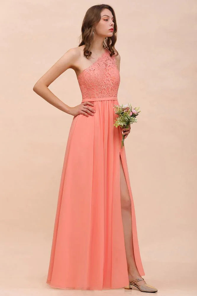 One Shoulder Floral Bridesmaid Dress Side Split Formal Wedding Guest Dress with Pocket