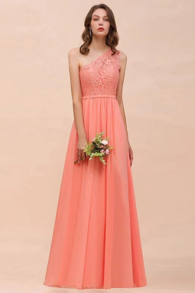 One Shoulder Floral Bridesmaid Dress Side Split Formal Wedding Guest Dress with Pocket