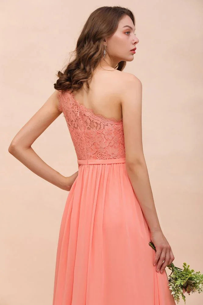 One Shoulder Floral Bridesmaid Dress Side Split Formal Wedding Guest Dress with Pocket