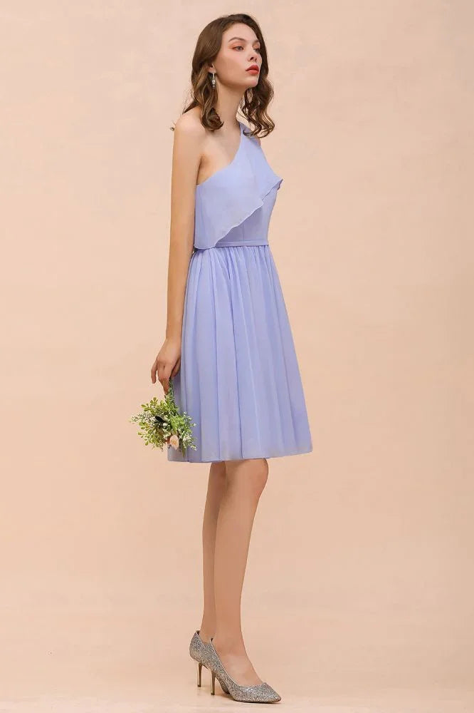One Shoulder Lavender Mini Bridesmaid Dress Chiffon Knee Length Simple Daily Dress