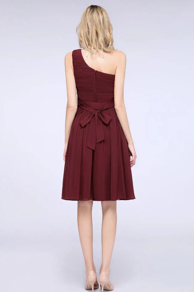 One-Shoulder Sleeveless Knee-Length Bridesmaid Dress with Ruffles Formal Party Dress