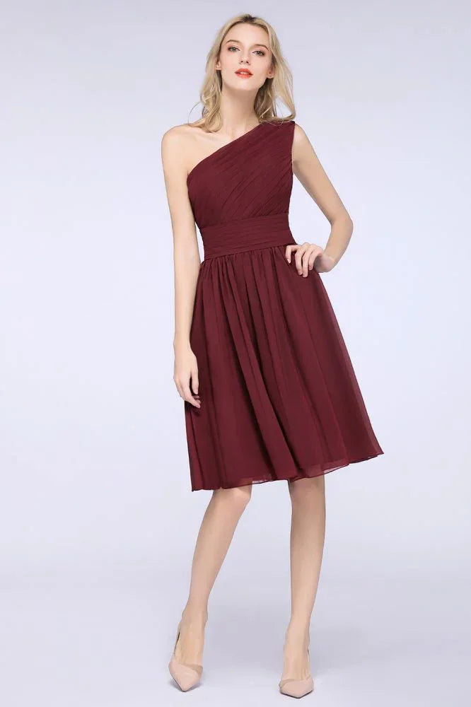 One-Shoulder Sleeveless Knee-Length Bridesmaid Dress with Ruffles Formal Party Dress