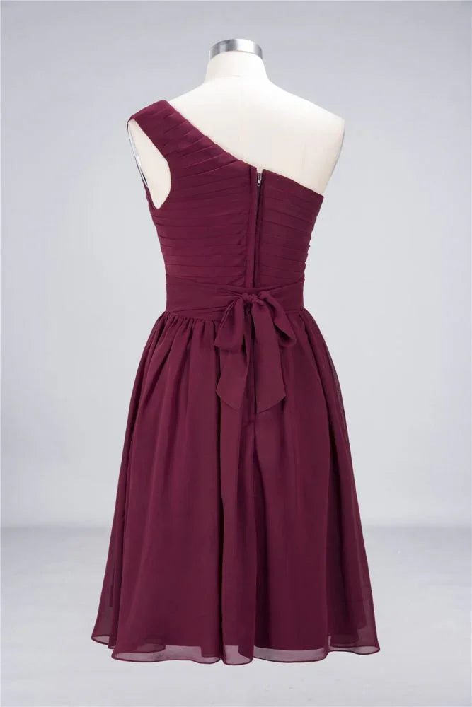One-Shoulder Sleeveless Knee-Length Bridesmaid Dress with Ruffles Formal Party Dress