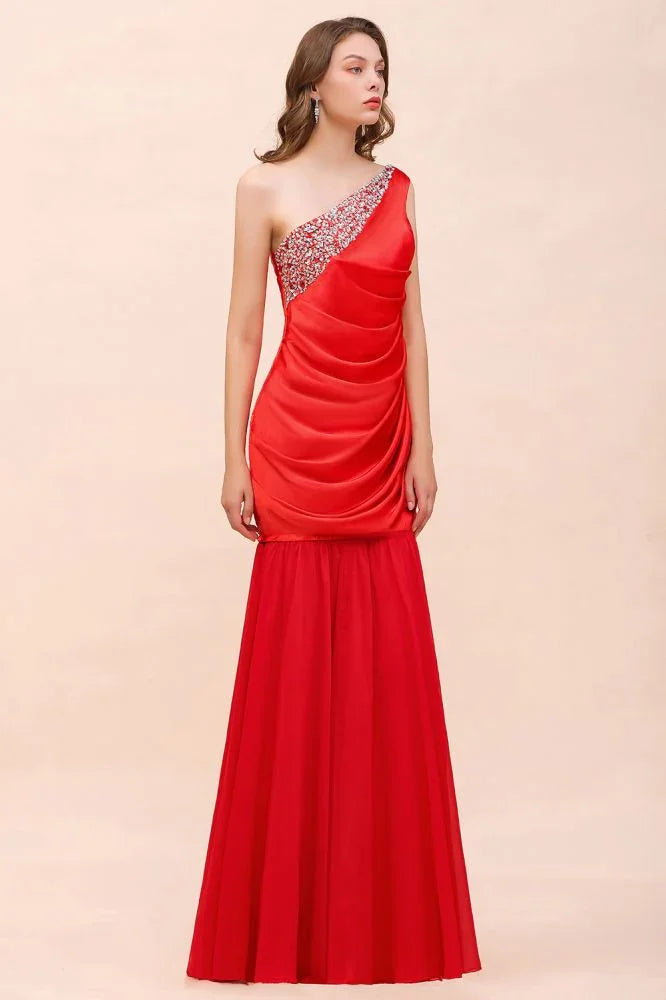 One Shoulder Strech Satin Red Ruffle Bridesmaid Dress Floor Length/Mini Party Dress