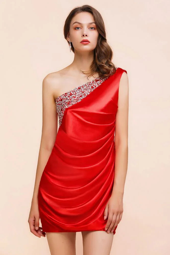 One Shoulder Strech Satin Red Ruffle Bridesmaid Dress Floor Length/Mini Party Dress