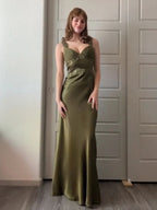 Philomena | Olive Green Sheath Satin Beaded Long Prom Dresses