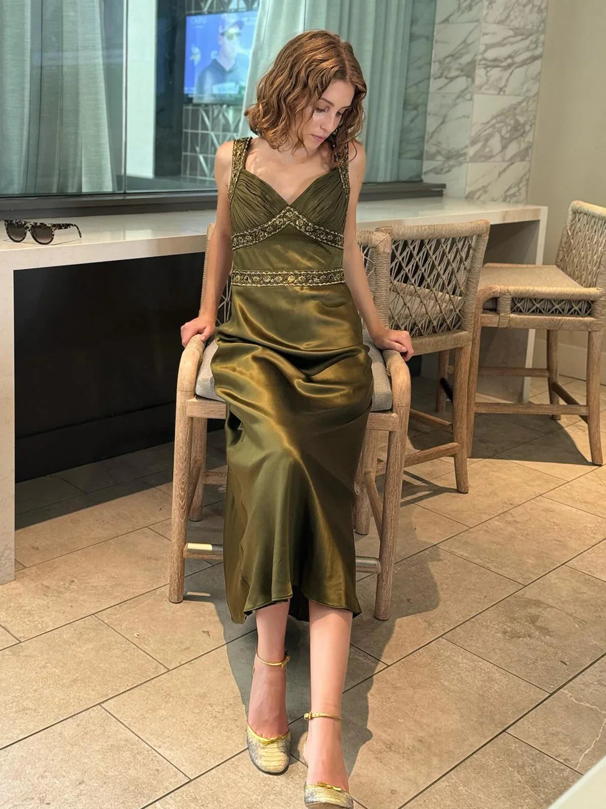 Philomena | Olive Green Sheath Satin Beaded Long Prom Dresses