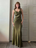 Philomena | Olive Green Sheath Satin Beaded Long Prom Dresses