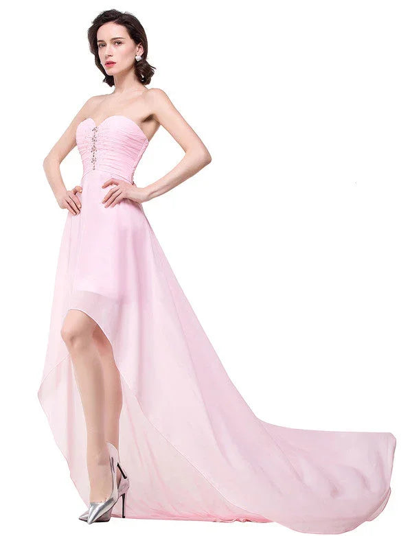 Pink A-line Hi-Lo Sweetheart Ruffle Chiffon Bridesmaid Dresses