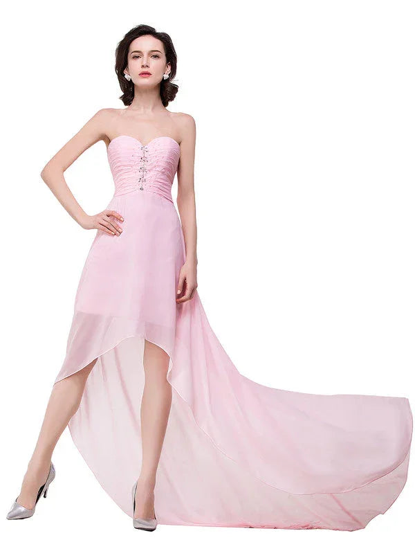 Pink A-line Hi-Lo Sweetheart Ruffle Chiffon Bridesmaid Dresses