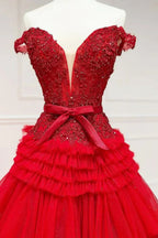 Pink A Line Tulle Ruffles Off the Shoulder Long Prom Dresses with Bow
