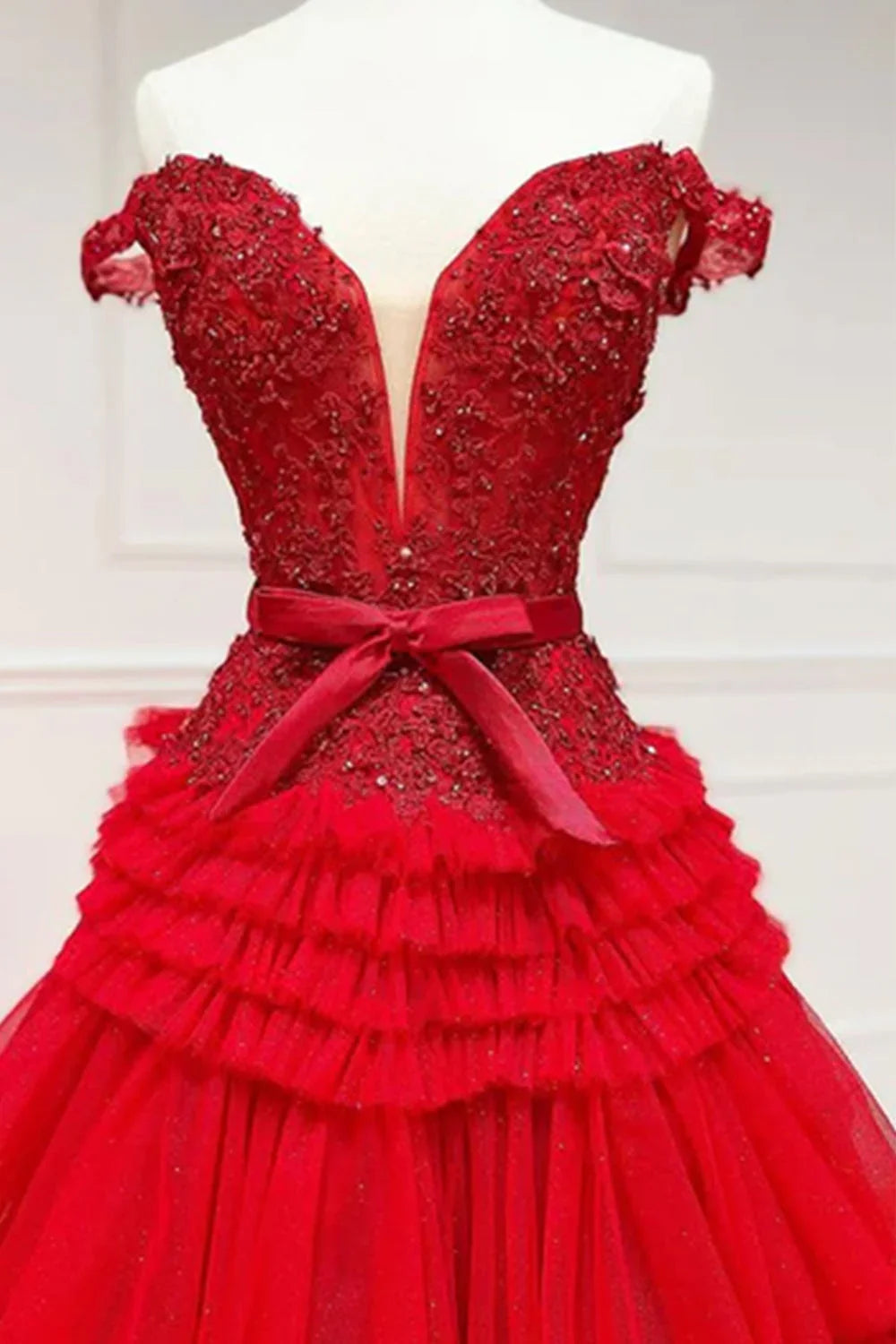 Pink A Line Tulle Ruffles Off the Shoulder Long Prom Dresses with Bow