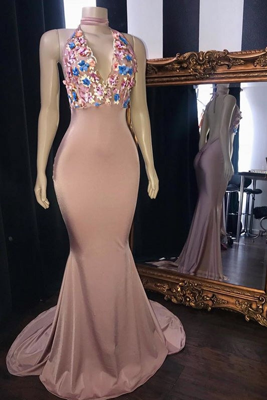 Pink Flowers Appliques Mermaid Long Prom Dresses Glamorous Sleeveless V-Neck Evening Gowns