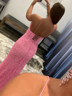 Pink Long Mermaid Sequins V Neck Backless Prom Dresses with Slit