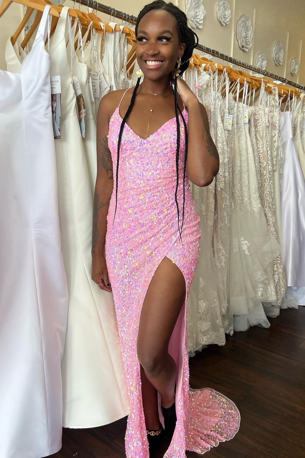 Mermaid V Neck Straps Sequins Pleated Long Prom Dress with Slit