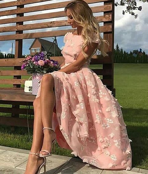 Pink Short Flowers Jewel A-Line Tea-length Prom Dresses