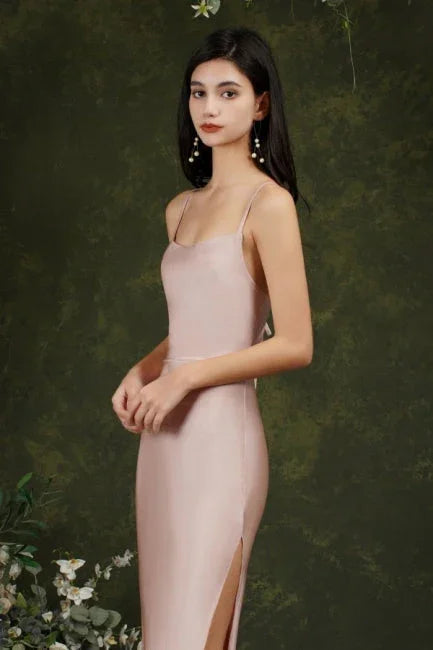 Pink Spaghetti Straps Sleeveless Mermaid Satin Prom Dresses
