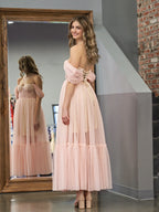 A-Line Rose Pink Tulle Sweetheart Tea-Length Prom Dress