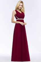 Plus Size A-line V-neck Long Sleeveless Ruffled Chiffon Bridesmaid Dresses with Beading Sash