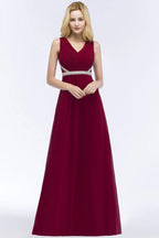 Plus Size A-line V-neck Long Sleeveless Ruffled Chiffon Bridesmaid Dresses with Beading Sash