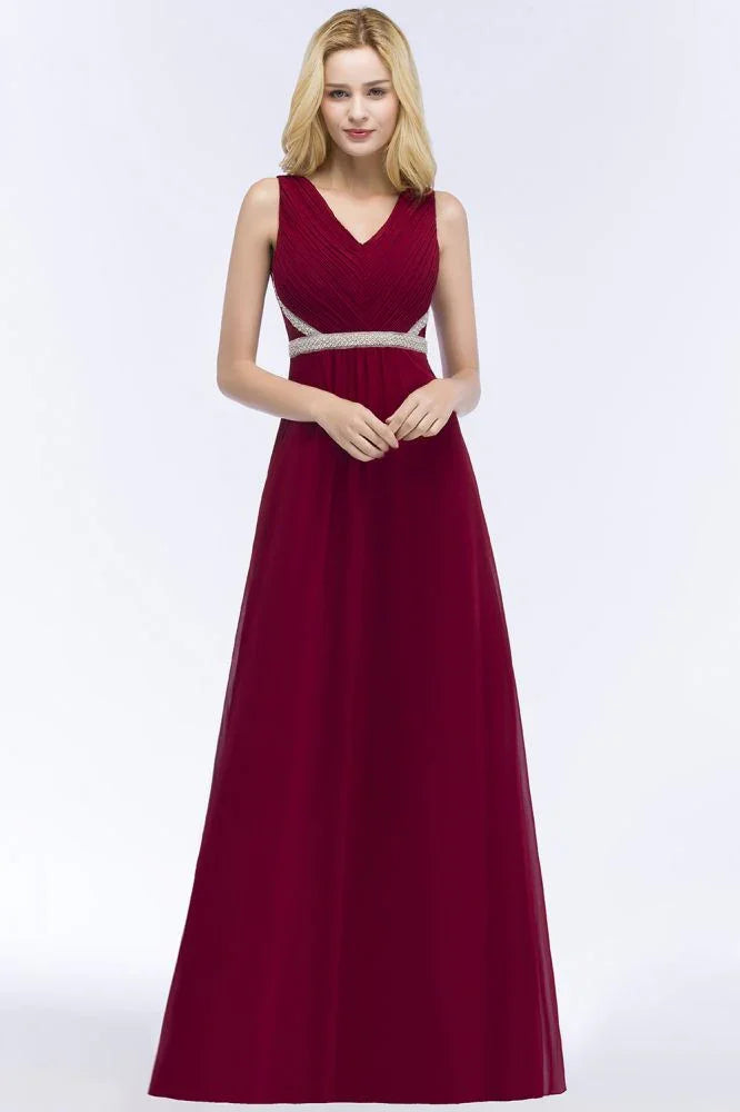 Plus Size A-line V-neck Long Sleeveless Ruffled Chiffon Bridesmaid Dresses with Beading Sash