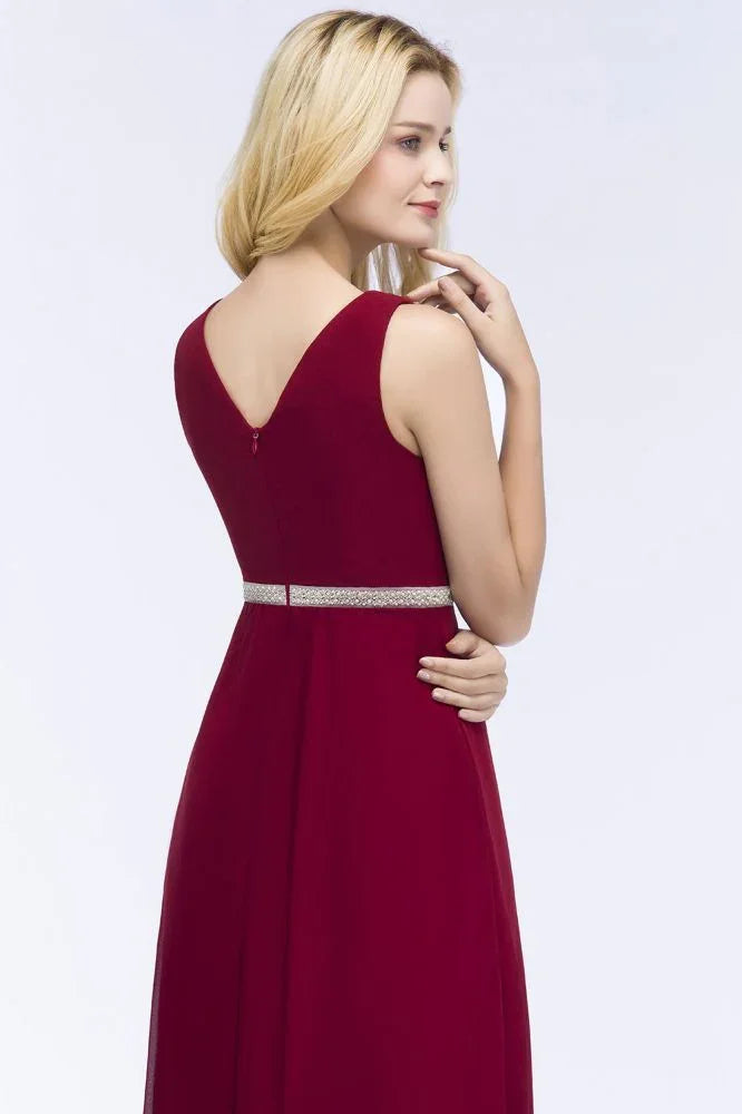 Plus Size A-line V-neck Long Sleeveless Ruffled Chiffon Bridesmaid Dresses with Beading Sash