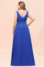 Plus Size Chiffon Sleeveless Royal Blue Bridesmaid  Dress V-neck Simple Wedding Dress