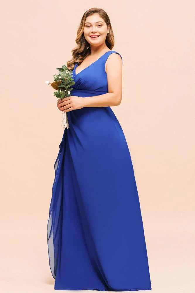 Plus Size Chiffon Sleeveless Royal Blue Bridesmaid  Dress V-neck Simple Wedding Dress