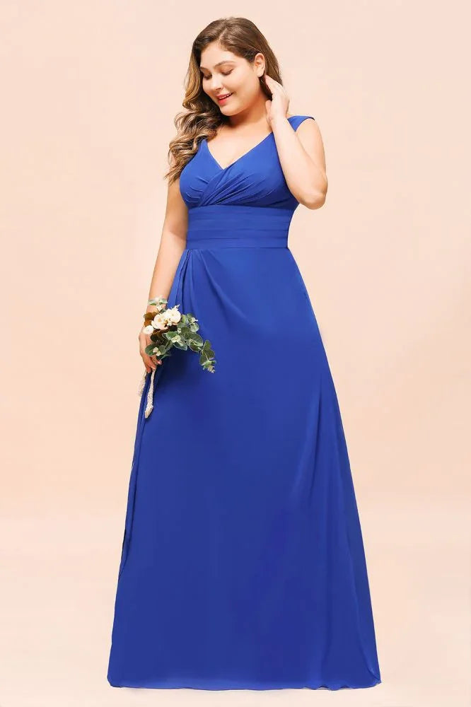 Plus Size Chiffon Sleeveless Royal Blue Bridesmaid  Dress V-neck Simple Wedding Dress