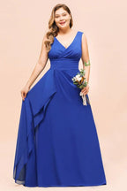 Plus Size Chiffon Sleeveless Royal Blue Bridesmaid  Dress V-neck Simple Wedding Dress