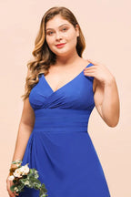 Plus Size Chiffon Sleeveless Royal Blue Bridesmaid  Dress V-neck Simple Wedding Dress