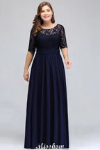 Plus Size Floral Lace A-line Evening Maxi Dress Half Sleeves Party Dress