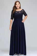 Plus Size Floral Lace A-line Evening Maxi Dress Half Sleeves Party Dress