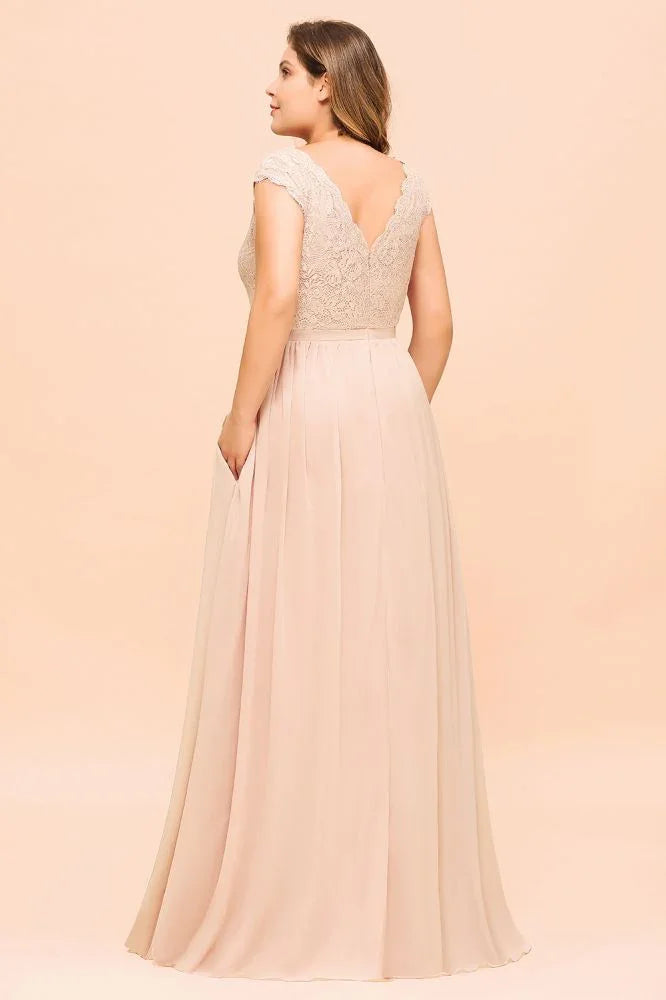 Plus Size Lace Pearl Pink Bridesmaid Dress Short Sleeves Side Split Wedding Party Dress
