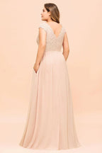 Plus Size Lace Pearl Pink Bridesmaid Dress Short Sleeves Side Split Wedding Party Dress