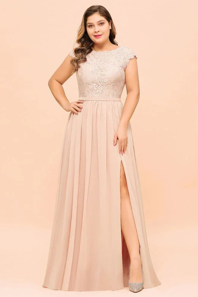 Plus Size Lace Pearl Pink Bridesmaid Dress Short Sleeves Side Split Wedding Party Dress