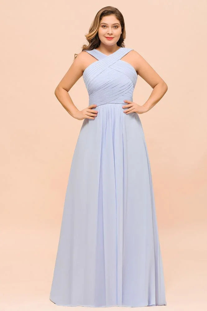 Plus Size Lavender Bridesmaid Dress Halter Floor Length Wedding Guest Dress